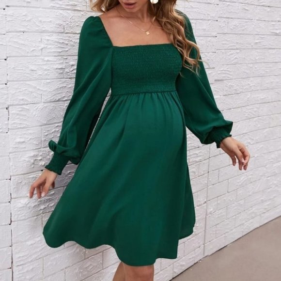 MaternityShirred Bodice Square Neck Lantern long Sleeved Dress green - Picture 3 of 5